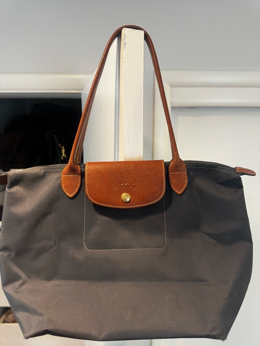 Longchamp Le Pliage Navy Blue Tote with Brown Leather Trim
